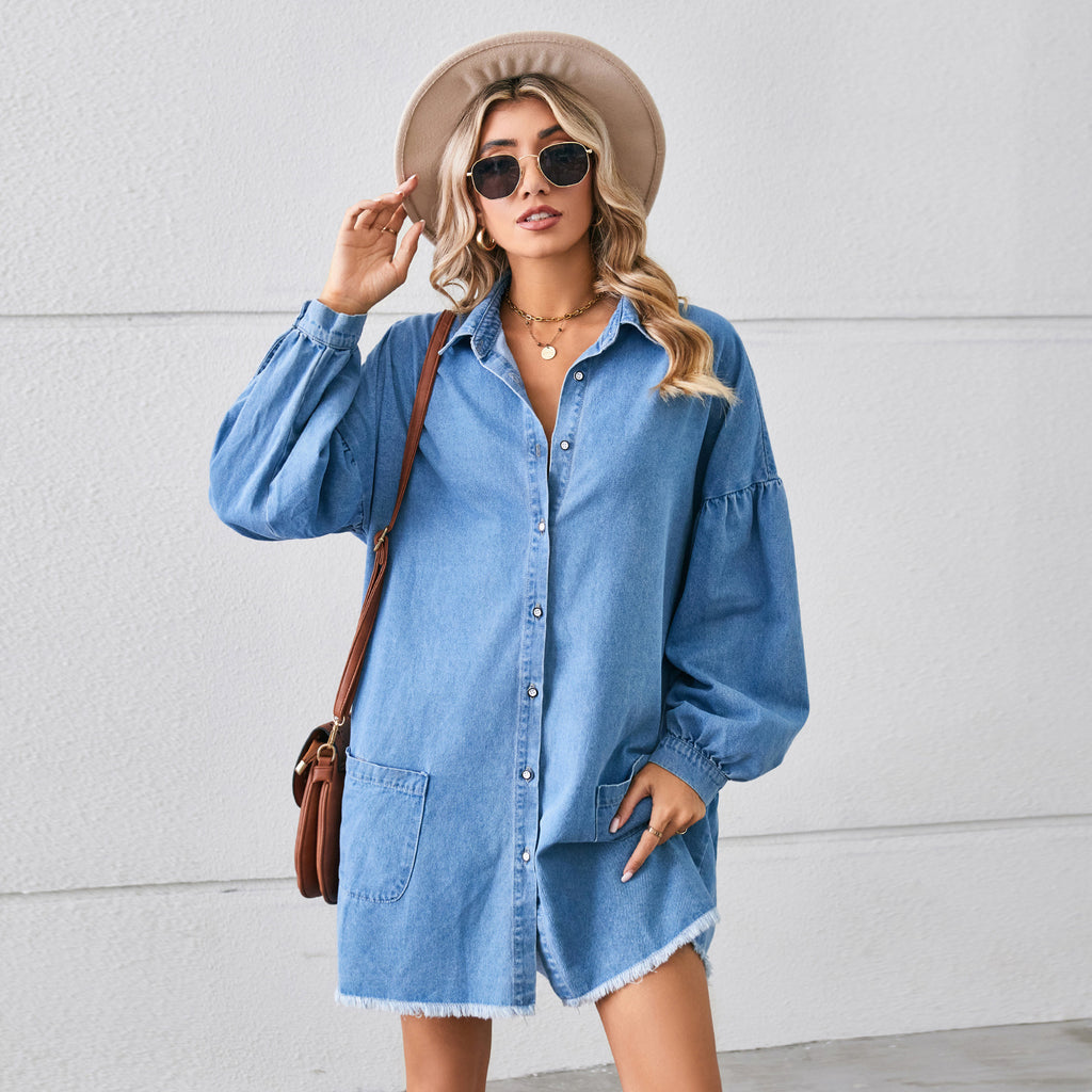 Long Sleeves Button Up Pocketed Raw Hem Denim Dress