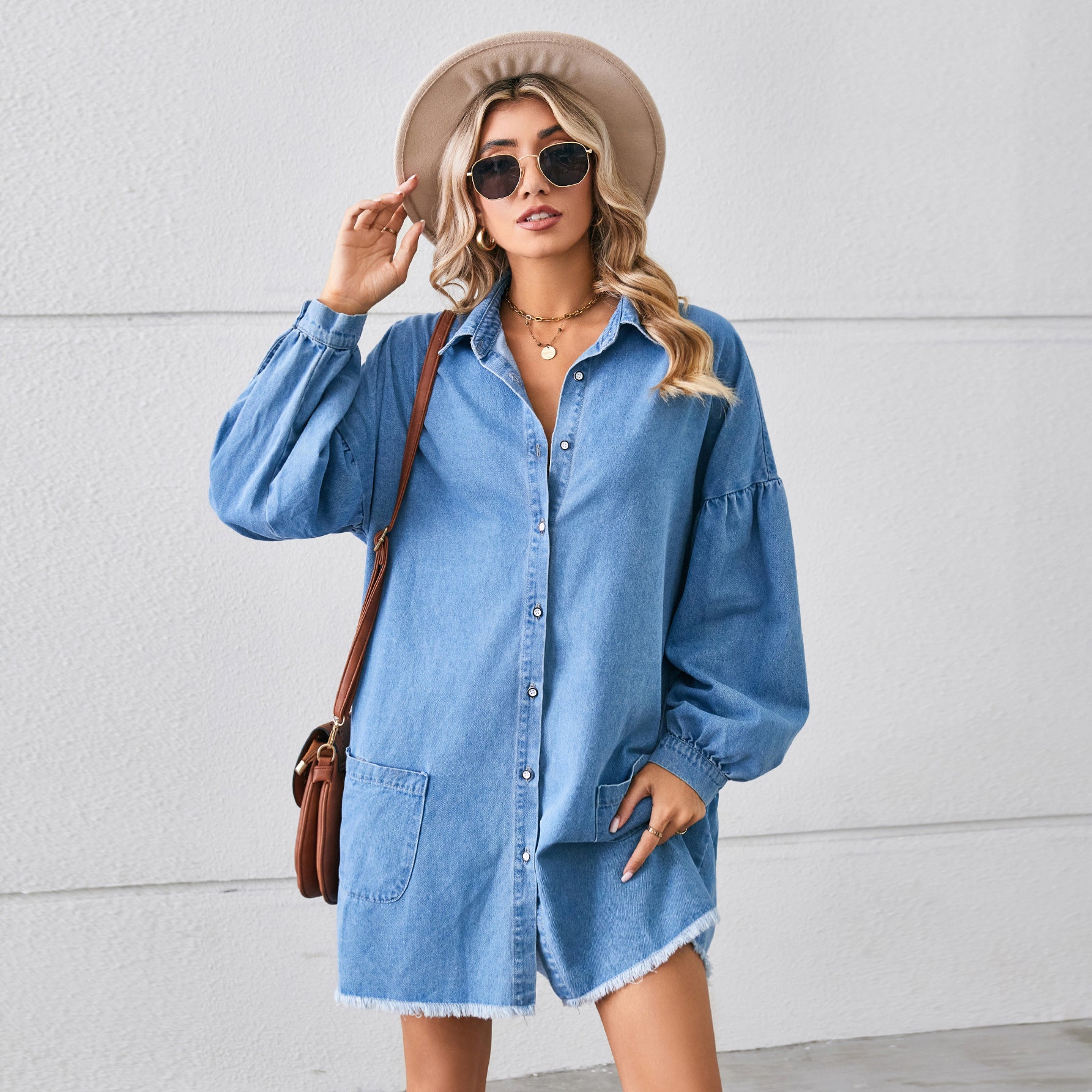 Long Sleeves Button Up Pocketed Raw Hem Denim Dress