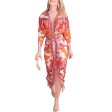 Load image into Gallery viewer, Orange Print Ruched Party Midi Dress
