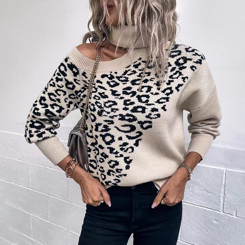 Leopard Turtleneck Cold Shoulder Long Sleeve Sweater