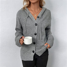 Load image into Gallery viewer, Plain Long Sleeves Drawstring Hoodied Knitted Cardigan
