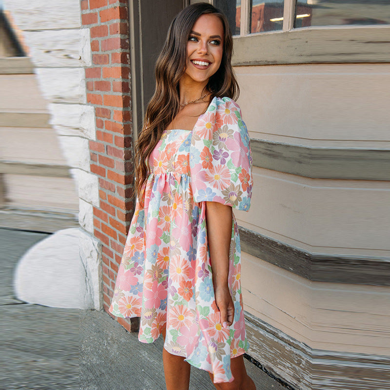 Floral Square Neck Short Puff Sleeve Babydoll Dress