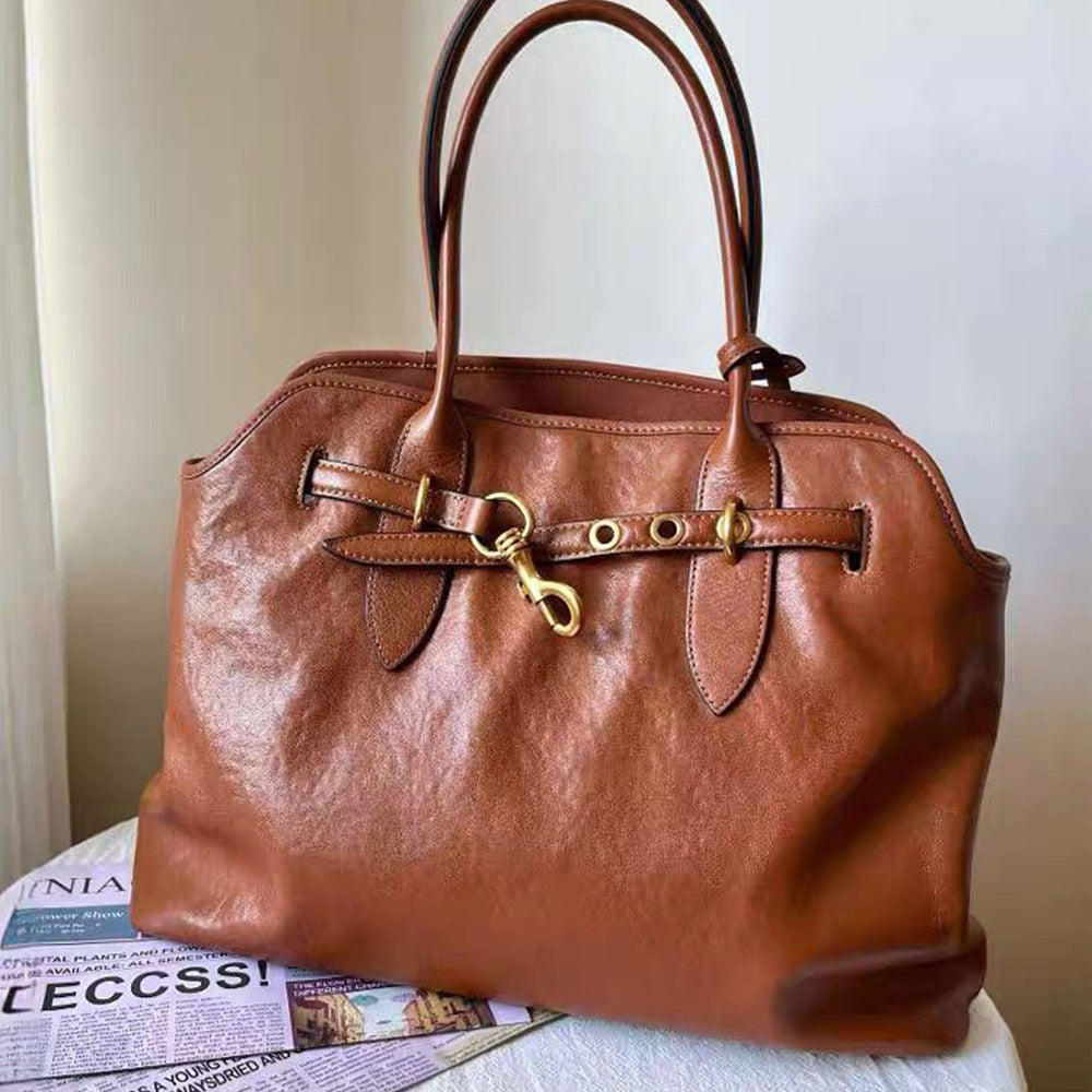 Top Grain Large Leather Tote Bag With Drawstring Buckle