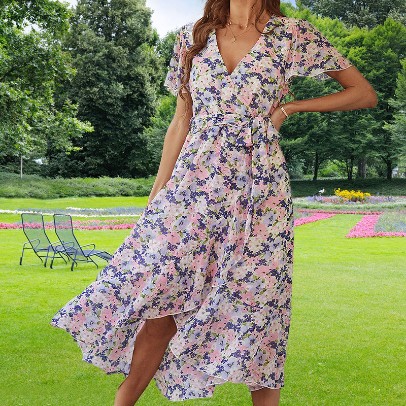 Floral V Neck Short Sleeve Ruffle Midi Dress
