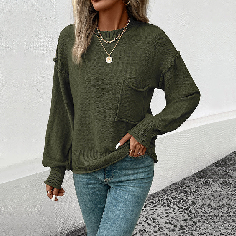 Casual Pockets Round Neck Pullovers Long Sleeve Sweater