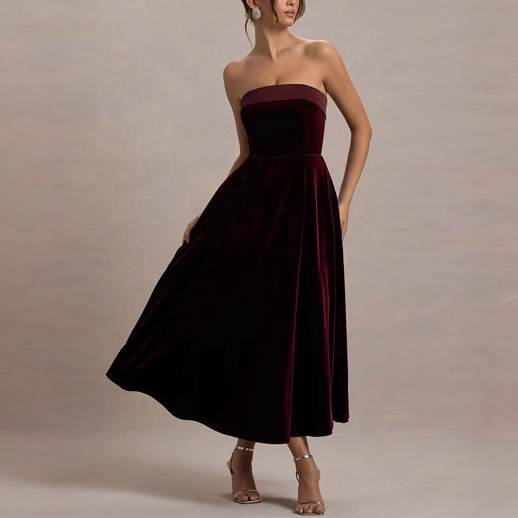 Elegant Strapless A-line Velvet Midi Dress