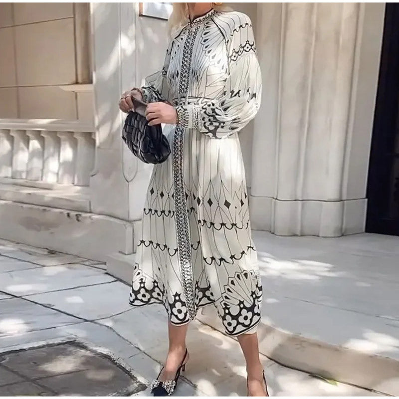 White Print Long Sleeves Maxi Dress