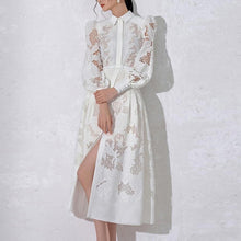 Load image into Gallery viewer, White Elegant Embroidered Hollowed Out Buttons Down Midi Dress
