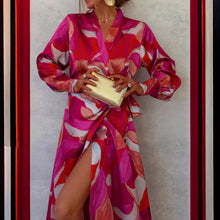 Load image into Gallery viewer, Long Sleeve Printed Tie-up Waist Slit Maxi Dress
