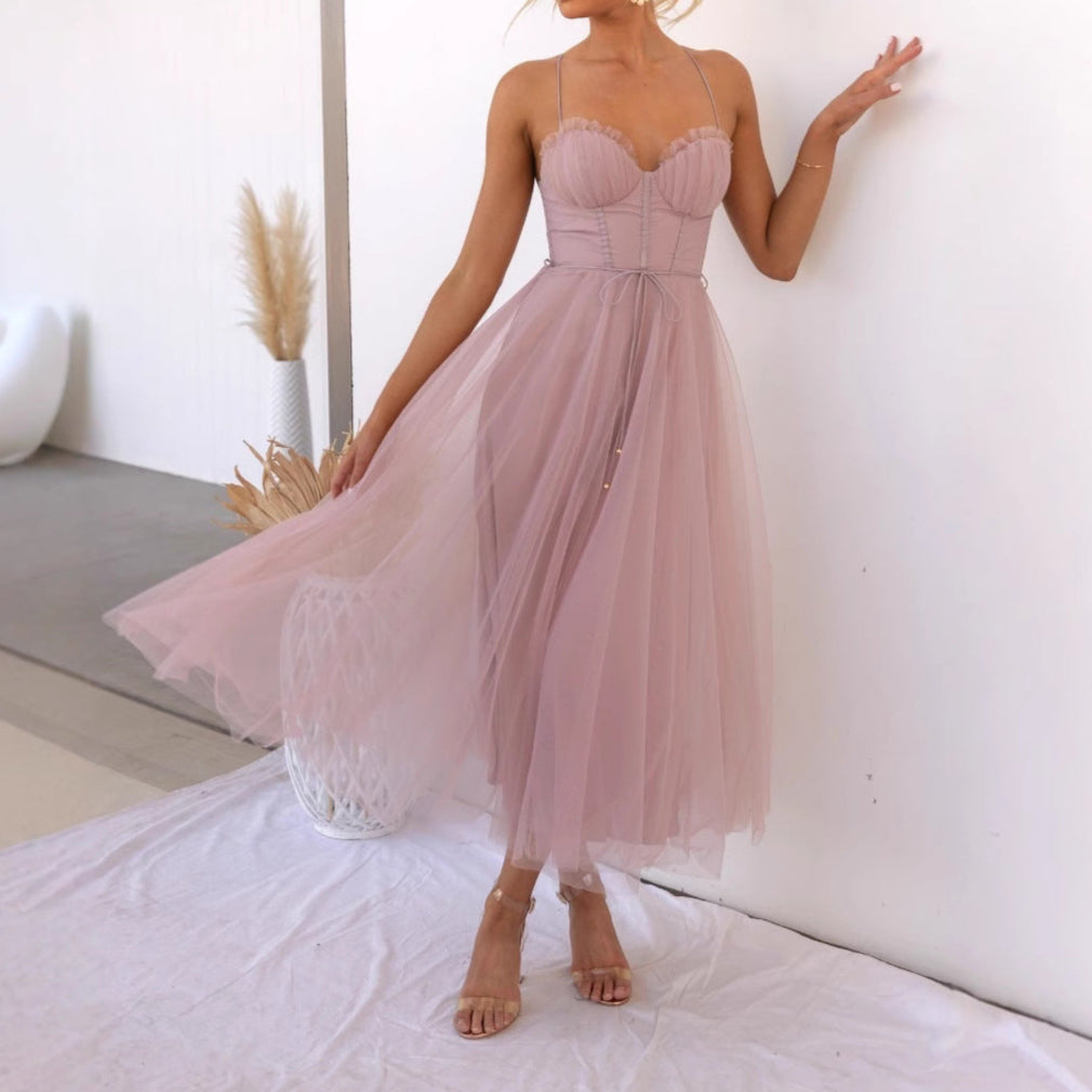 Elegant Sweatheart Spaghetti Staps Princess Tulle  Midi Party Dress