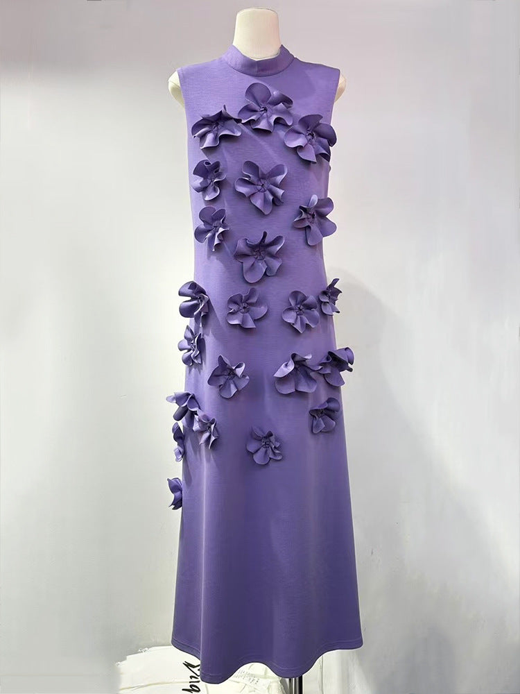 Elegant Sleeveless Mock Neck 3D Floral Maxi Dress