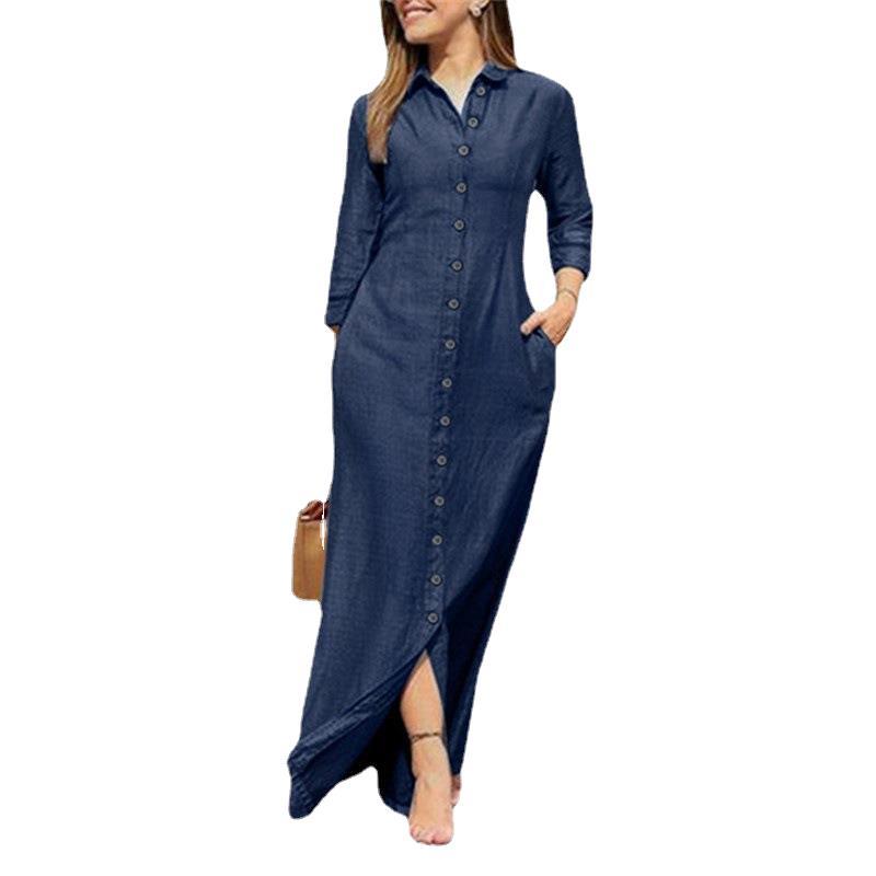Collar Buttons Down Long Sleeve Maxi Denim Dress
