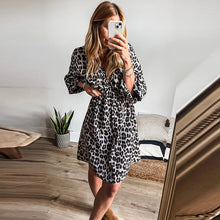 Load image into Gallery viewer, Leopard Print Elasticated V Neck 3/4 Puff Sleeve Mini Dress
