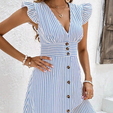 Load image into Gallery viewer, Stripped V-neck Buttons Flutter Sleeves Mini Dress

