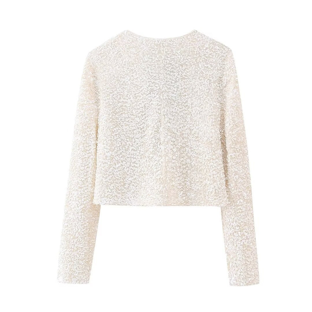 Classic Sequin Jackets Bow Coats Sparkling Holiday Party Cropped Top
