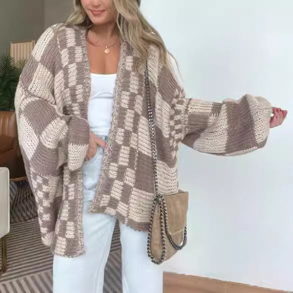 Casual Plaid Loose Knitted Outerwear Cardigan