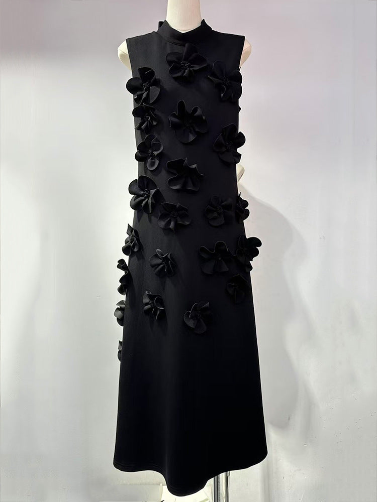 Elegant Sleeveless Mock Neck 3D Floral Maxi Dress