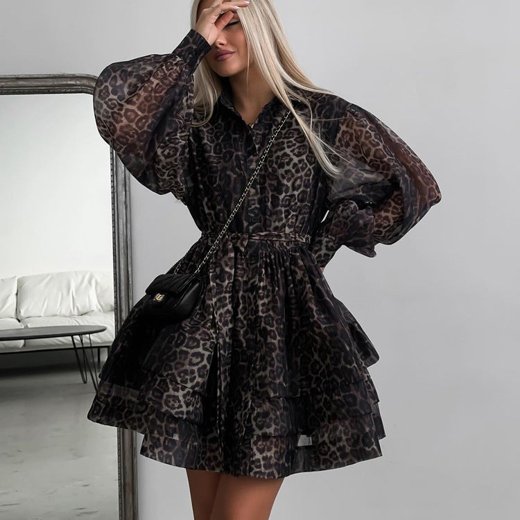 Black Long Sleeves Leopard Tiered Chiffon Mini Dress