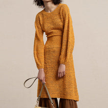 Load image into Gallery viewer, Yellow Long Sleeve Crew Neck Knitted Midi Sweater Dress
