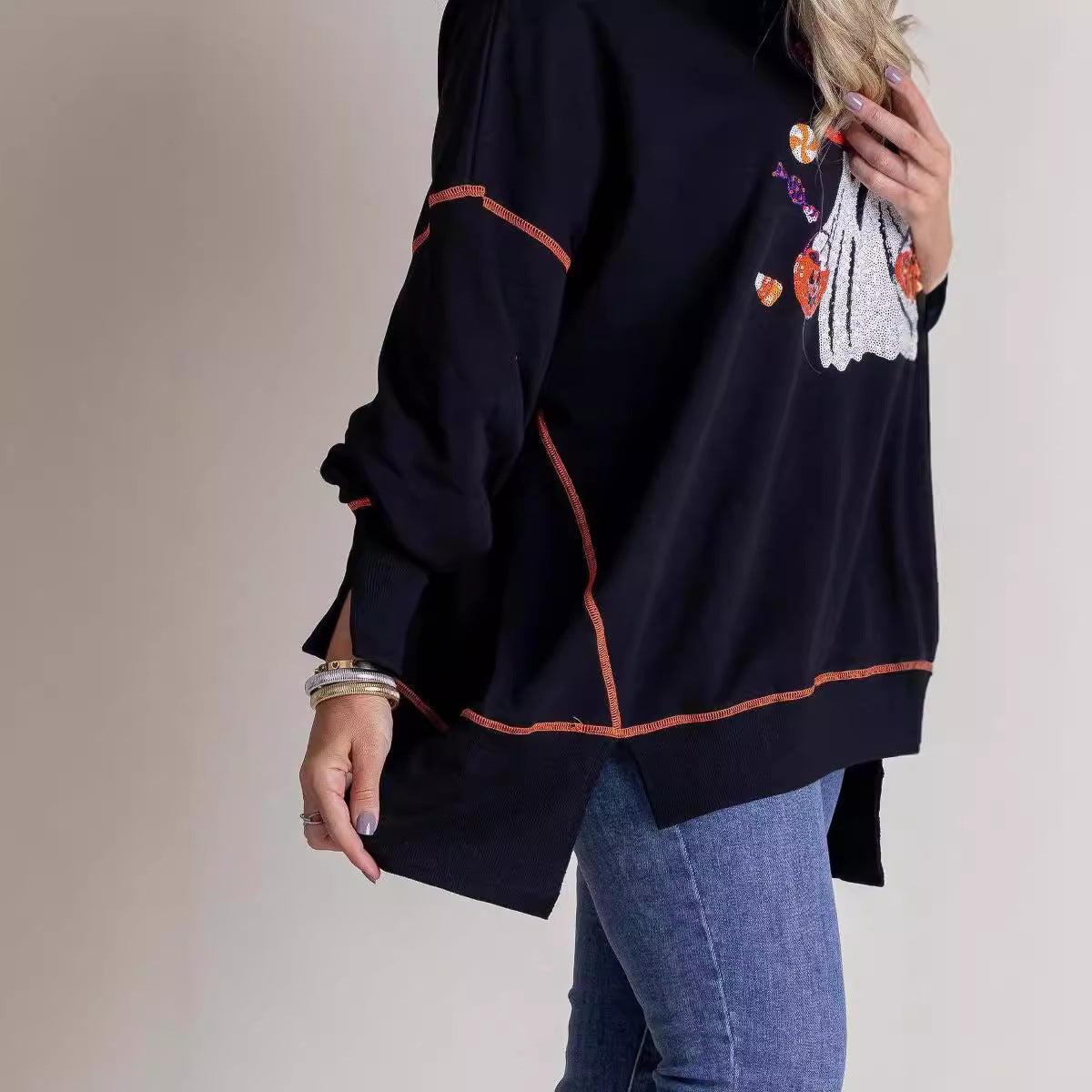 Black Halloween Sequin Ghost Long Sleeve Top