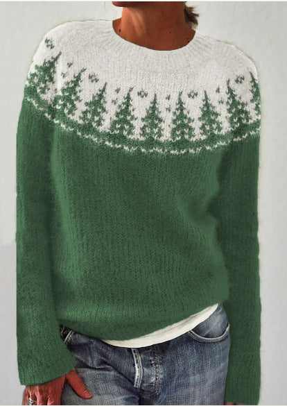 Forest Silhouette Contrast Color Cozy Knit Sweater