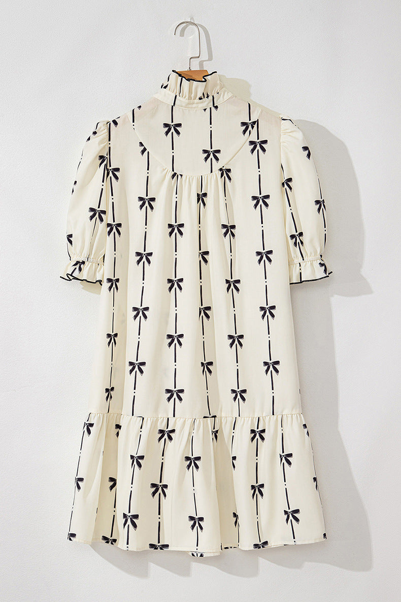 Frill Bow Print Half Sleeve Mini Dress