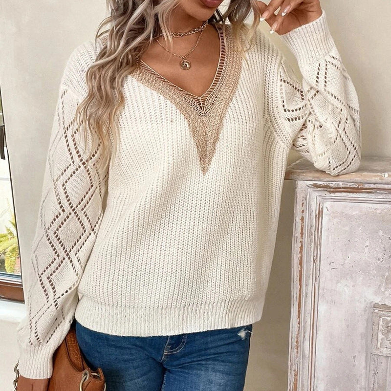 Classic V-Neck Lace Trim Casual Knitted Sweater