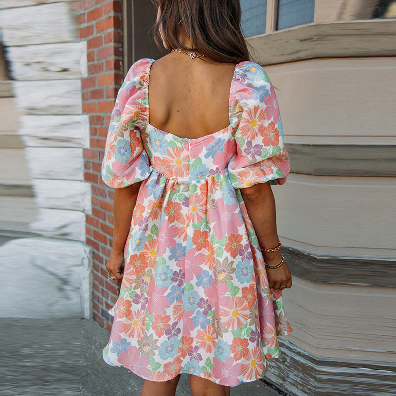 Floral Square Neck Short Puff Sleeve Babydoll Dress