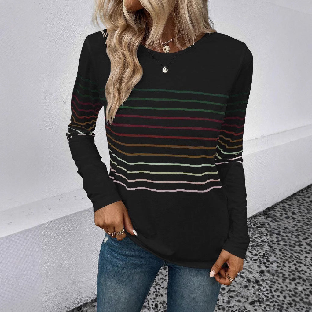 Black Striped Round Neck Long Sleeve Sweater