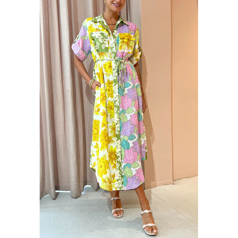 Color Block Floral Print Buttons Down Midi Dress