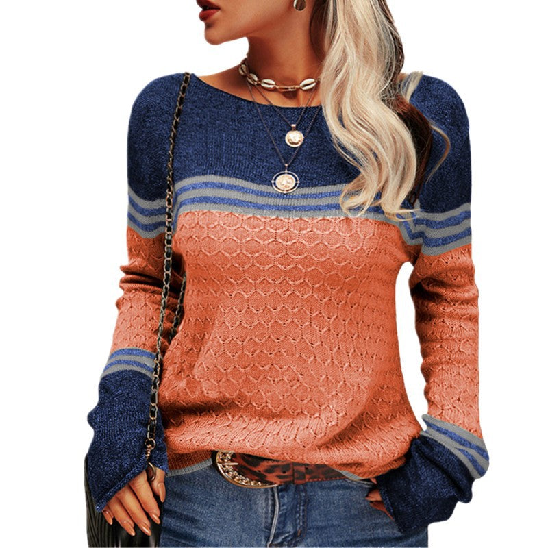 Colorblock Pullover Sweaters Round Neck Striped Slim Fitting Knitwear