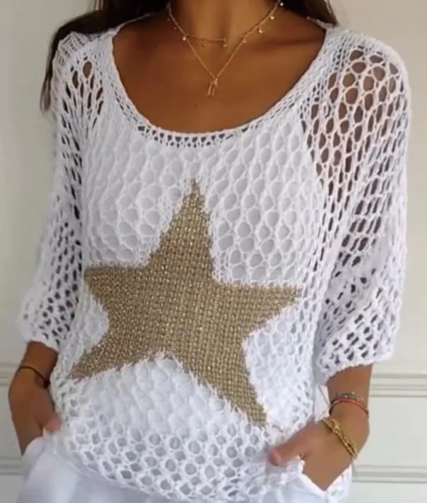 Five-Star Round Neck Hollow Crochet Top