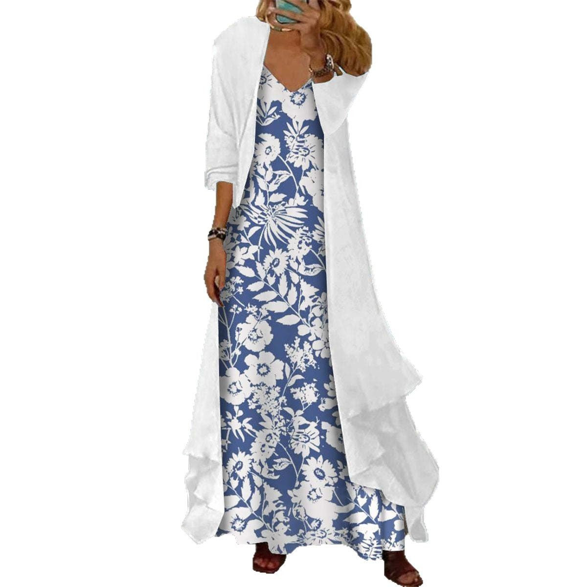 Elegant Floral Print Maxi Dress With Outerwear Two Piece Dress