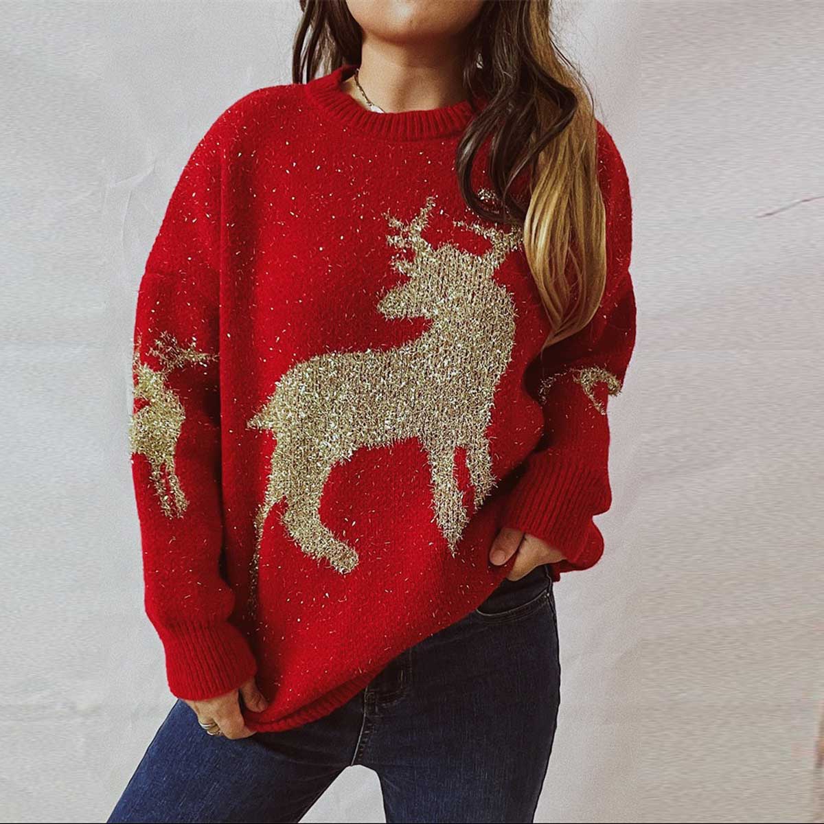 Christmas Elk Knitted Crew Neck Long Sleeved Sweater