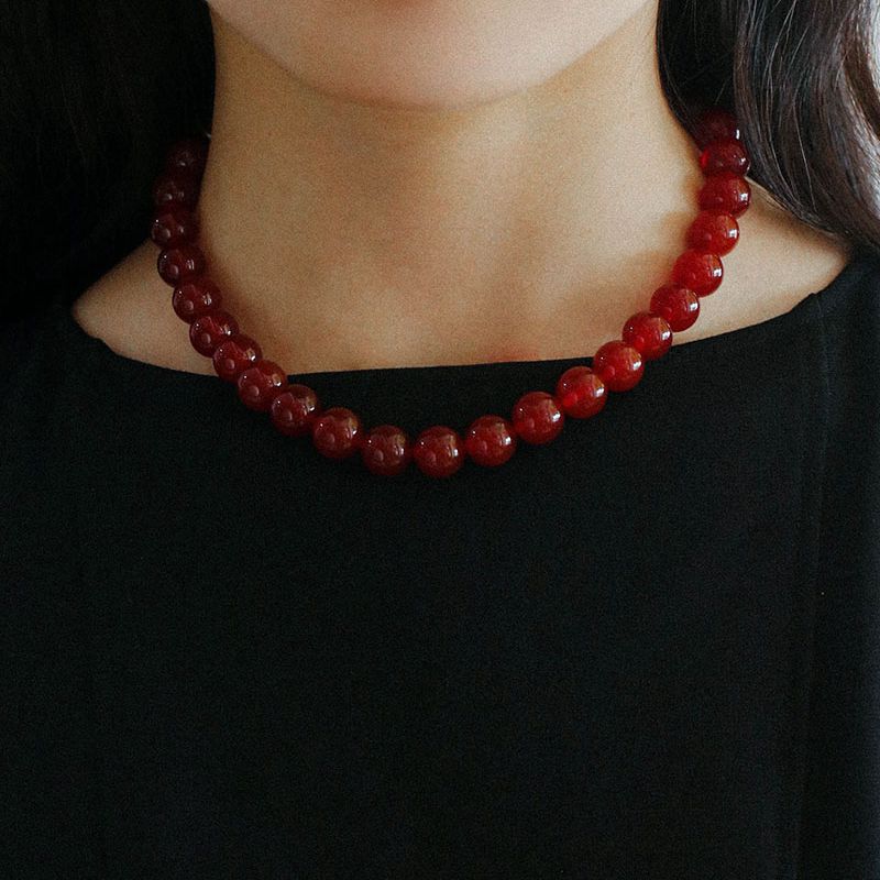 Vintage 18k Gold Plated Big Red Beaded Choker Necklace
