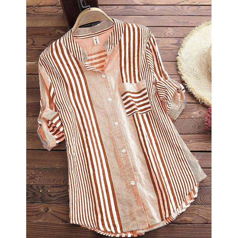 Classic 3/4 Sleeve Striped Button Up Shirt