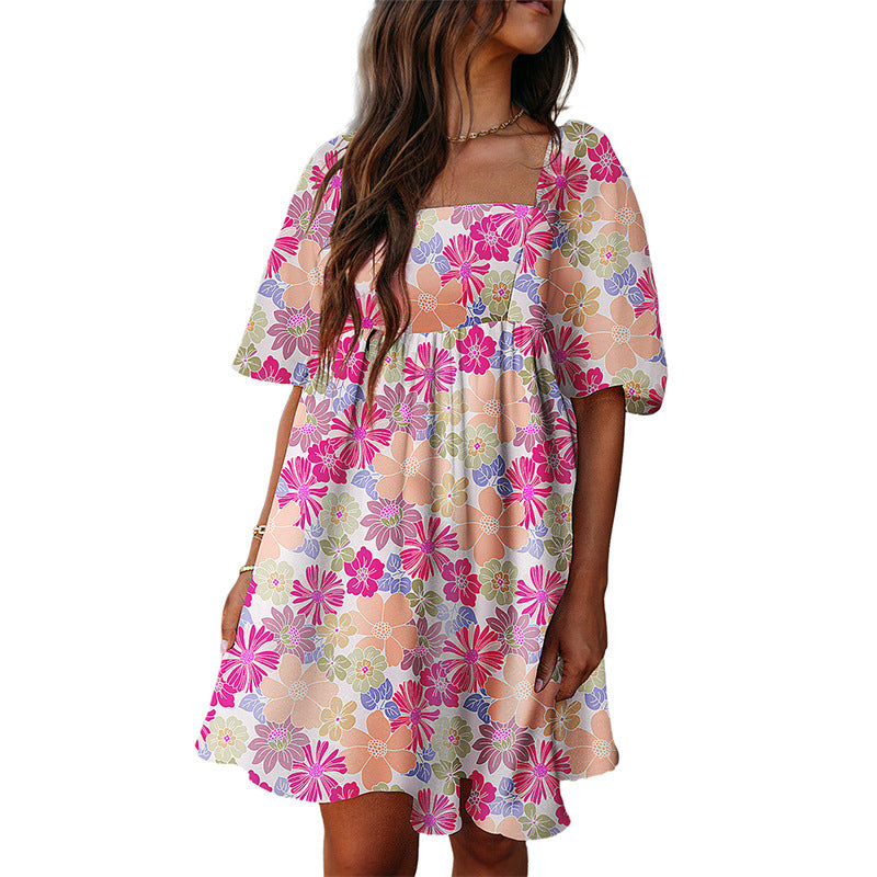 Floral Square Neck Short Puff Sleeve Babydoll Dress