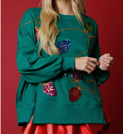 Christmas Lights Sequin Long Sleeve Slit Pullover Sweatshirt