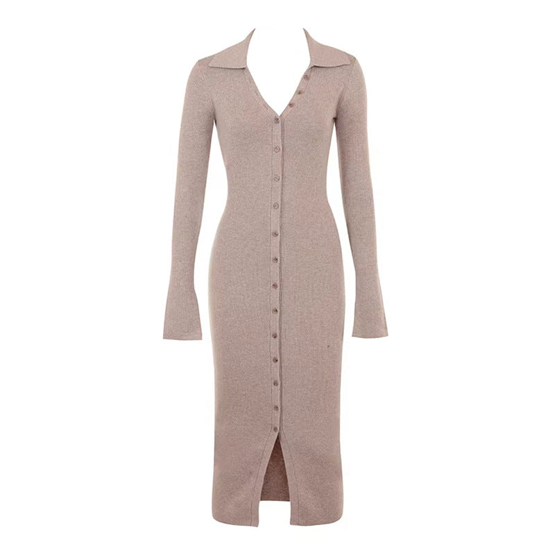 Collar Button Up Long Sleeve Ribbon Midi Sweater Dress