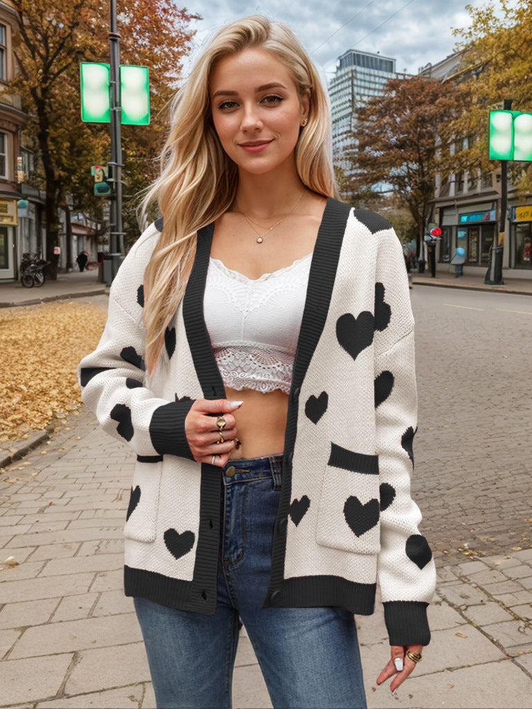 Heart Button Up Dropped Shoulder Long Sleeve Cardigan