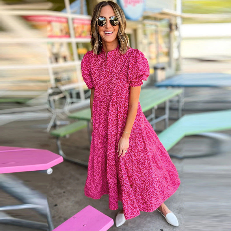 Hot Pink Floral Mock Neck Puff Sleeve Tiered Midi Dress