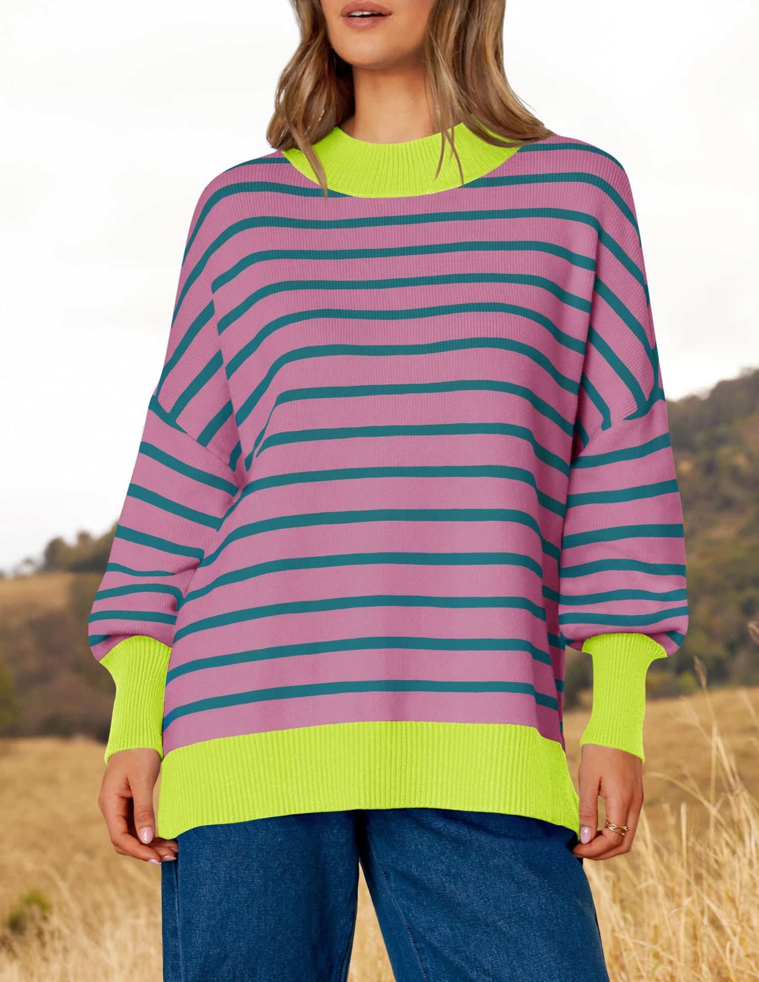 Oversized Crewneck Casual Long Sleeve Contrast Loose Knit Pullover Sweaters Top