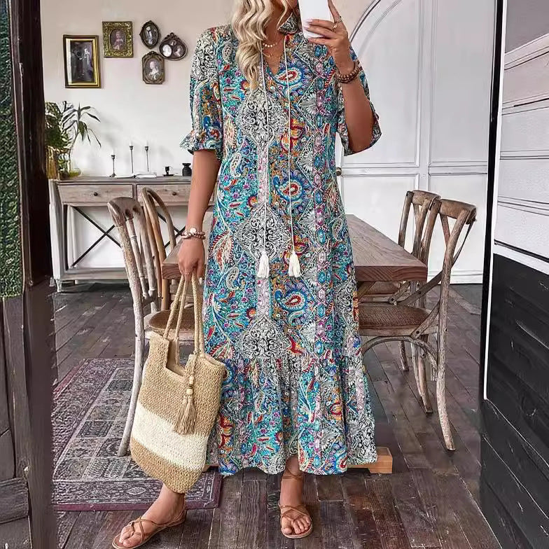 Boho Print Half Sleeves Loose Midi Dress