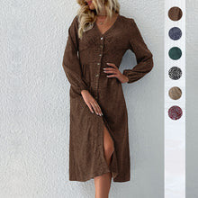 Load image into Gallery viewer, High Waisted Buttoned Leopard V-Neck Long Sleeve Midi Dress
