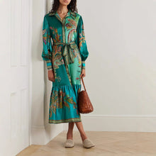 Load image into Gallery viewer, Refined Collar Long Lantern Sleeves Buttons Down Ruffled Midi Dress
