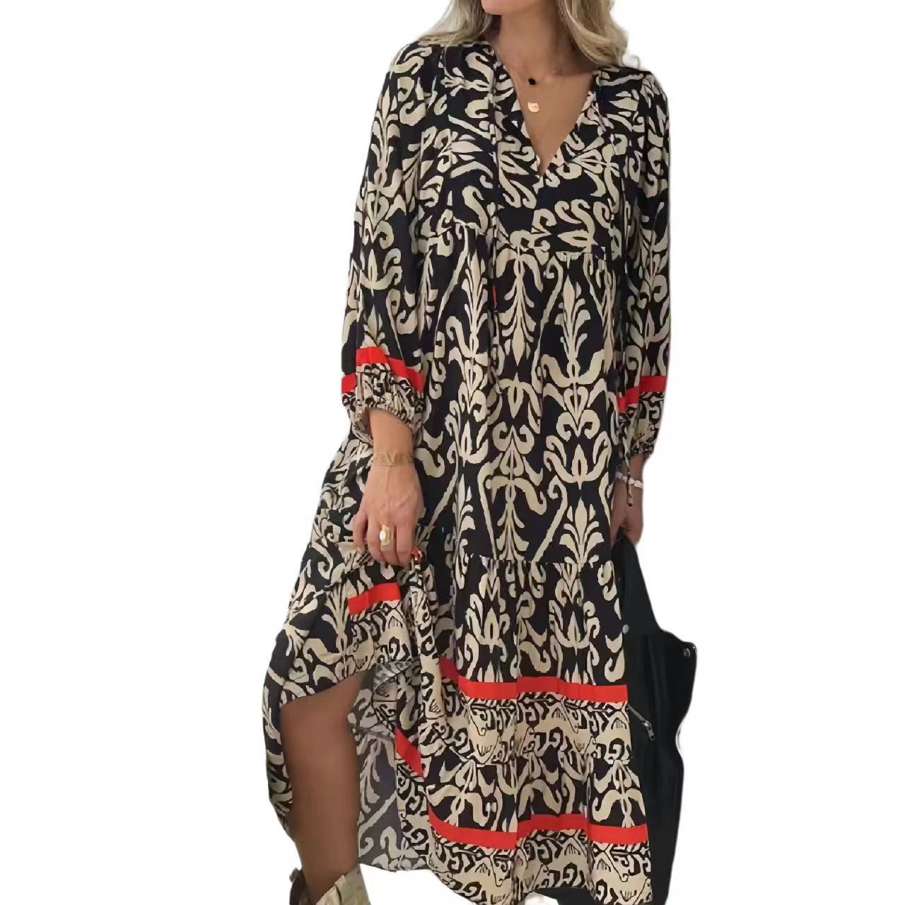 Black Loose Print Long Sleeves Maxi Dress