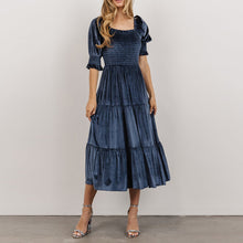 Load image into Gallery viewer, Gold Velvet Squared Neck Ruffles High Waist Smocked Tiered Midi Dress
