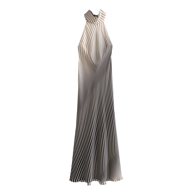Stripped Halter Backless Maxi Party Dress