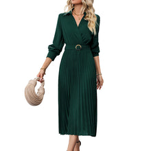 Load image into Gallery viewer, V-neck Long Sleeves Pleated Midi Dress
