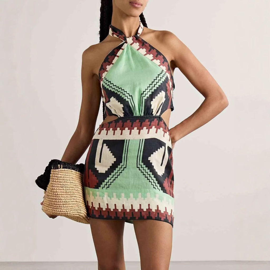 Chic Geometric Print Halter Neck Mini Dress